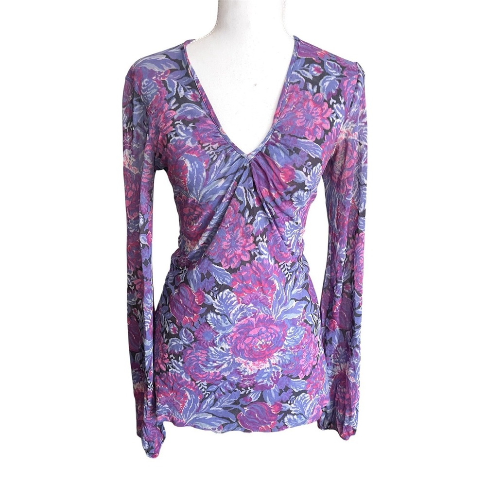 Vintage‎ Sweet Pea Y2k Floral Nylon Mesh Long Bell Sleeve Stretch Top Romantic